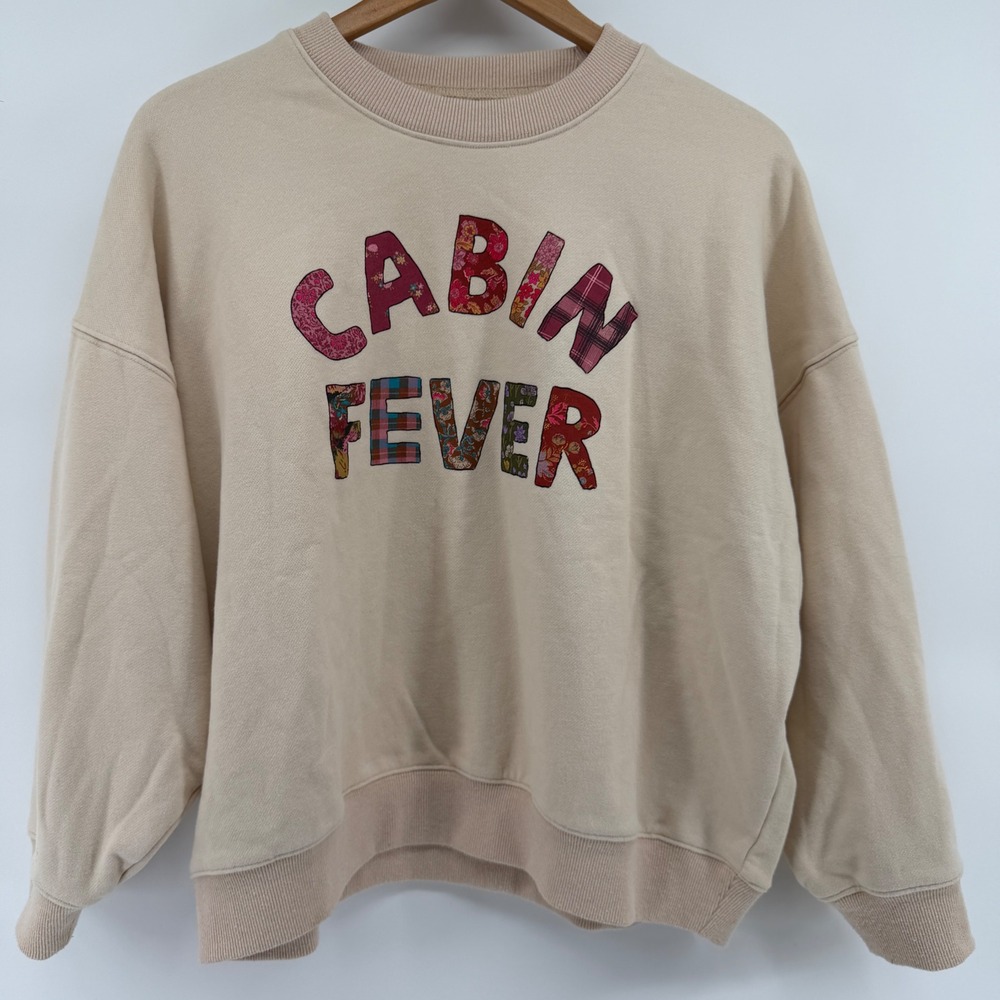 Natural Life Cabin Fever Patchwork Applique Sweatshirt Beige Tan Small